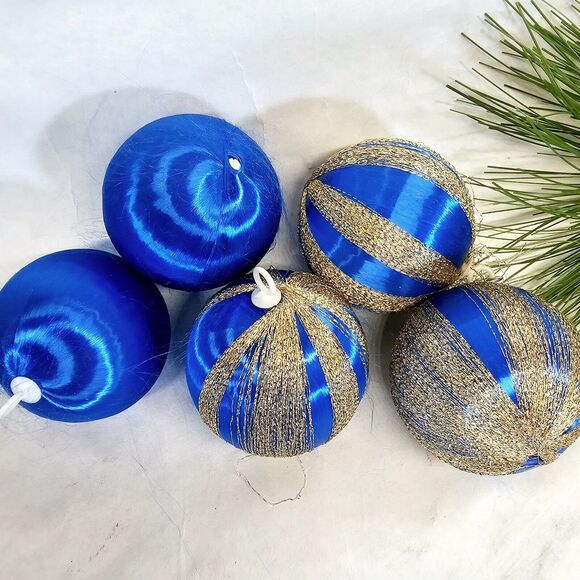 Vintage Pyramid Satin Rayon Christmas Ornaments set 5 Unbreakable Blue & Gold - Picture 2 of 11